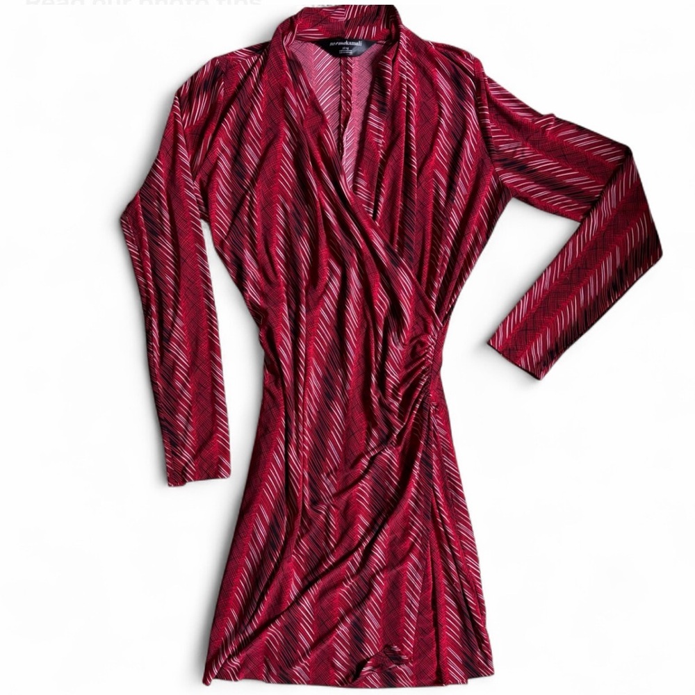 Norma Kamali XL Red Black Abstract Print Faux Wrap Jersey Long Sleeve Midi Dress